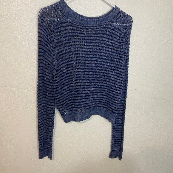 Theyskens Theory Navy Open Knit Striped Linen Silk Blend Crewneck Sweater Size M - Picture 2 of 6